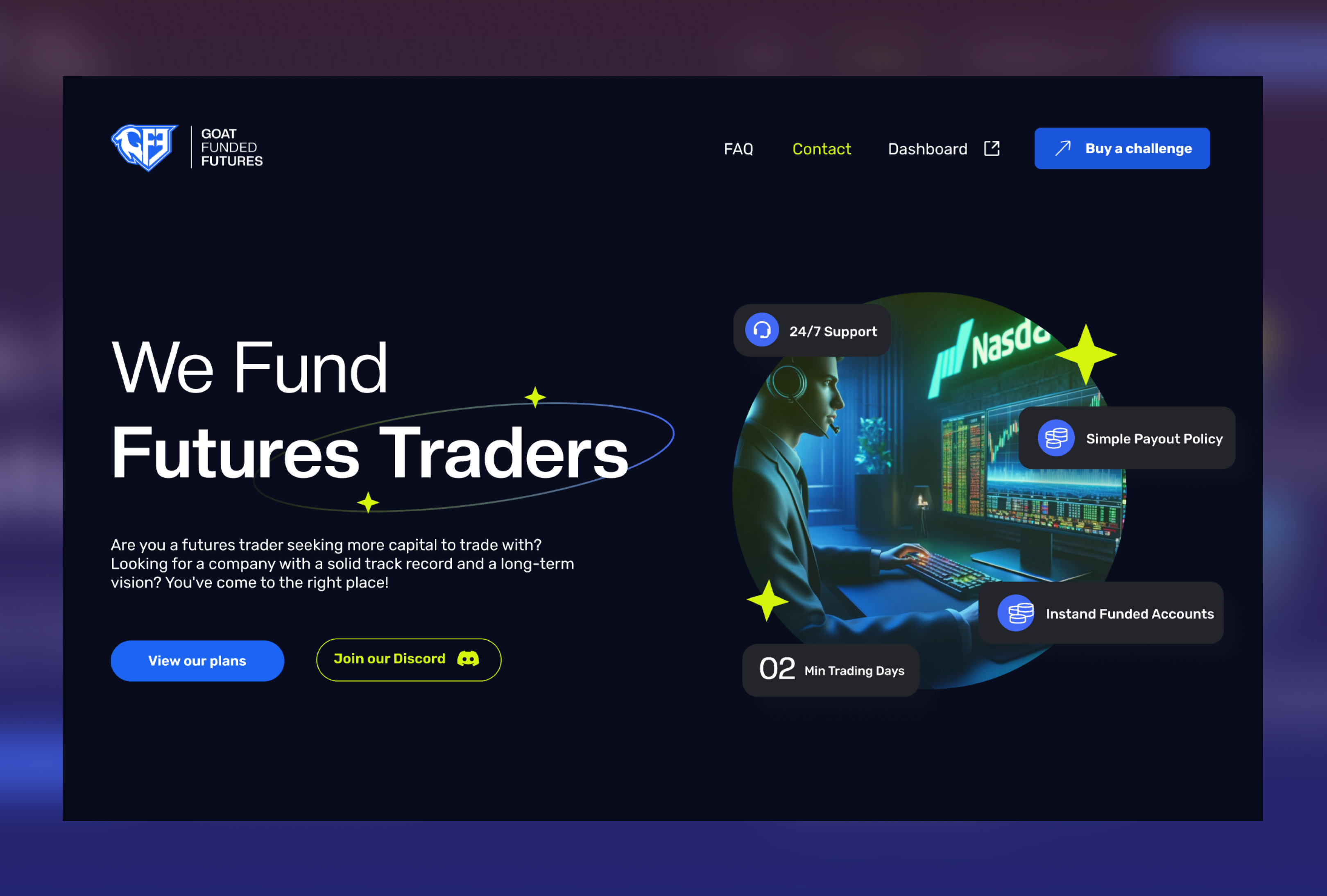 Goat Funded Futures prop firm website header